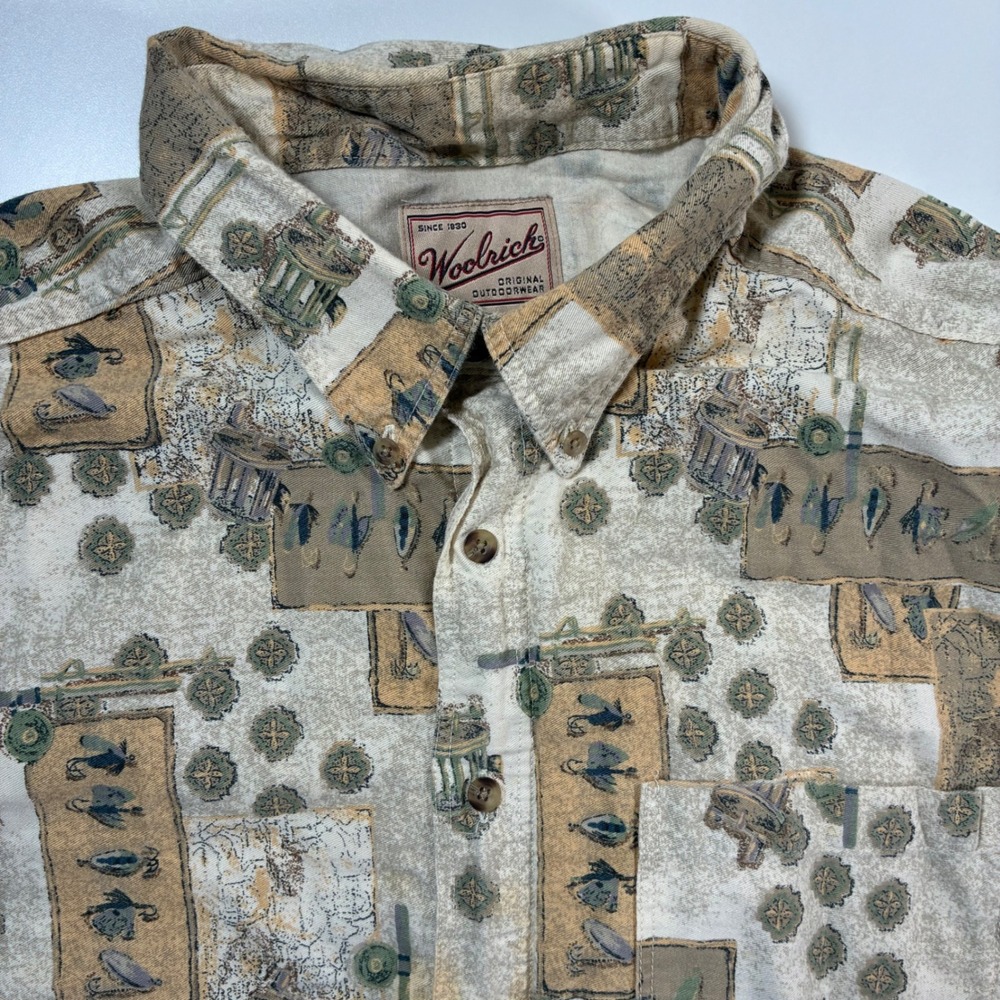 Vintage Woolrich Shirt 2XL Big All Over‎ AOP Hunting Fishing Print Made in USA